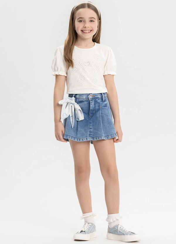 Alakazoo - Shorts Saia Jeans com Pregas e Elástico Azul 3