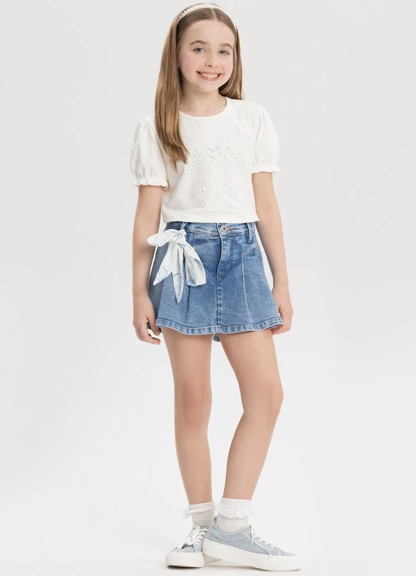 Alakazoo - Shorts Saia Jeans com Pregas e Elástico Azul 5