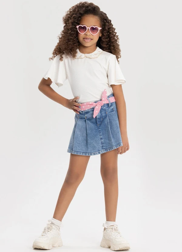 Alakazoo - Shorts Saia Jeans com Pregas e Elástico Azul 6