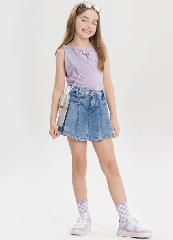 Alakazoo - Shorts Saia Jeans com Pregas e Elástico Azul 7