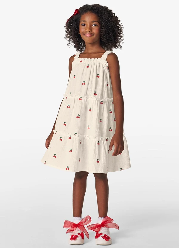 Trick Nick - Vestido Infantil em Gaze Bordada Bege