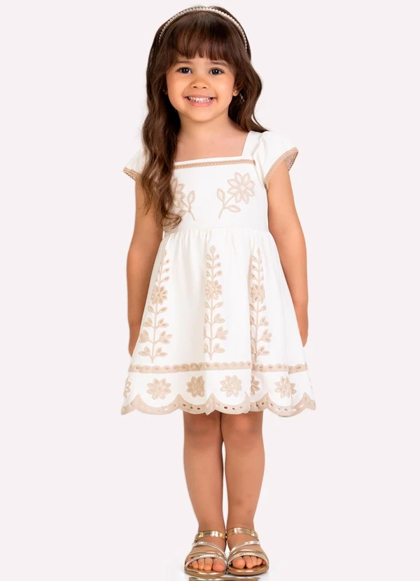Milon - Vestido Infantil Menina Flores Branco