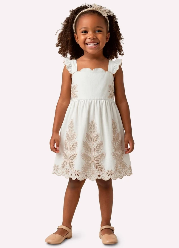 Milon - Vestido Infantil Menina Folhas Branco