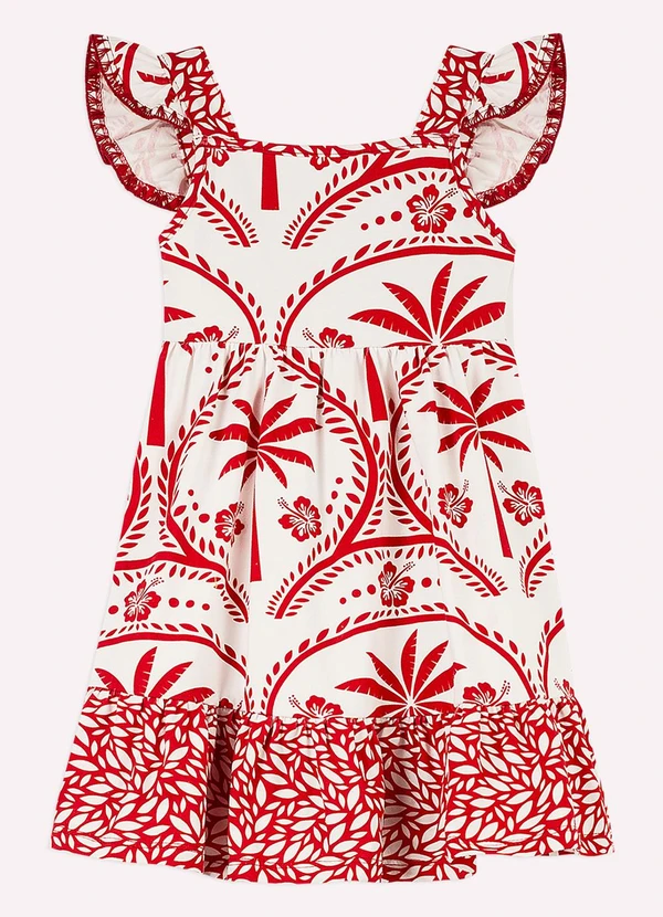 Nanai - Vestido Infantil Menina Folhas Branco
