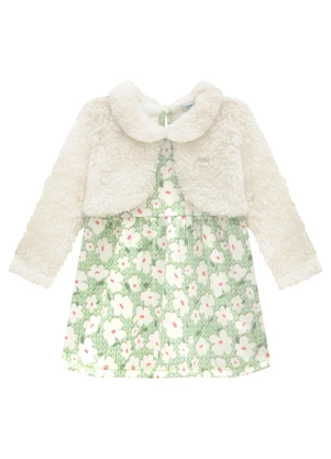 Marlan - Vestido Bebê em Malha Sport Tricot Floral Verde - MARLAN