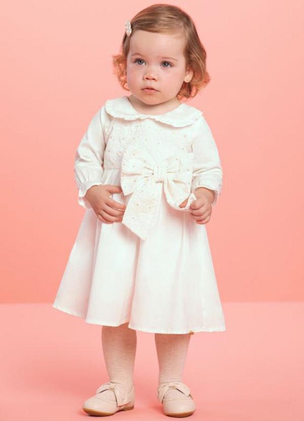 Milli e Nina - Vestido Bebê em Tricoline Bege
