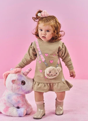 Abrange - Vestido Bebê Menina com Bolsa Bege - ABRANGE