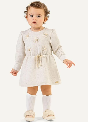 Colorittá - Vestido Bebê Menina Flores Moletom Linho Bege - COLORITTÁ