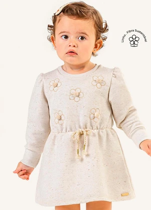 Colorittá - Vestido Bebê Menina Flores Moletom Linho Bege - COLORITTÁ