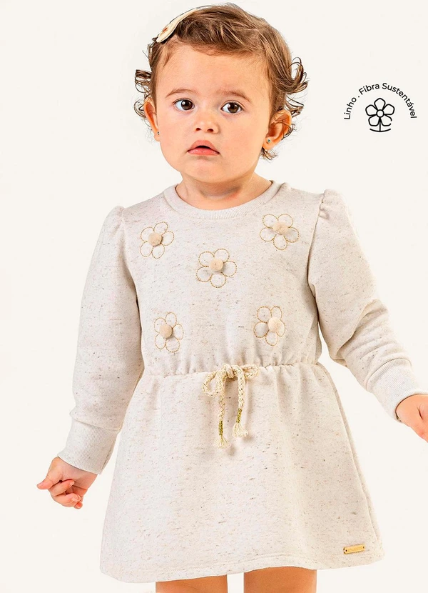 Colorittá - Vestido Bebê Menina Flores Moletom Linho Bege 2