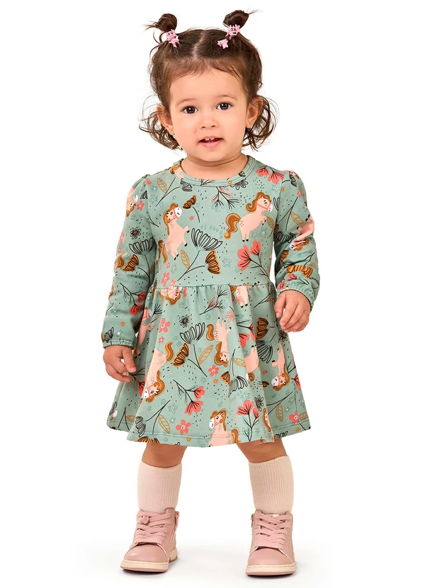 Elian - Vestido Bebê Menina Manga Longa Pôneis Verde