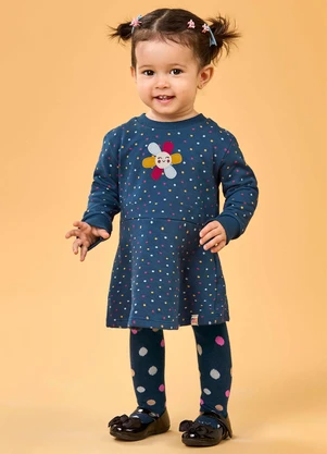 Elian - Vestido Bebê Menina Poá com Meia-Calça Azul - ELIAN