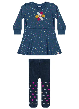 Elian - Vestido Bebê Menina Poá com Meia-Calça Azul - ELIAN