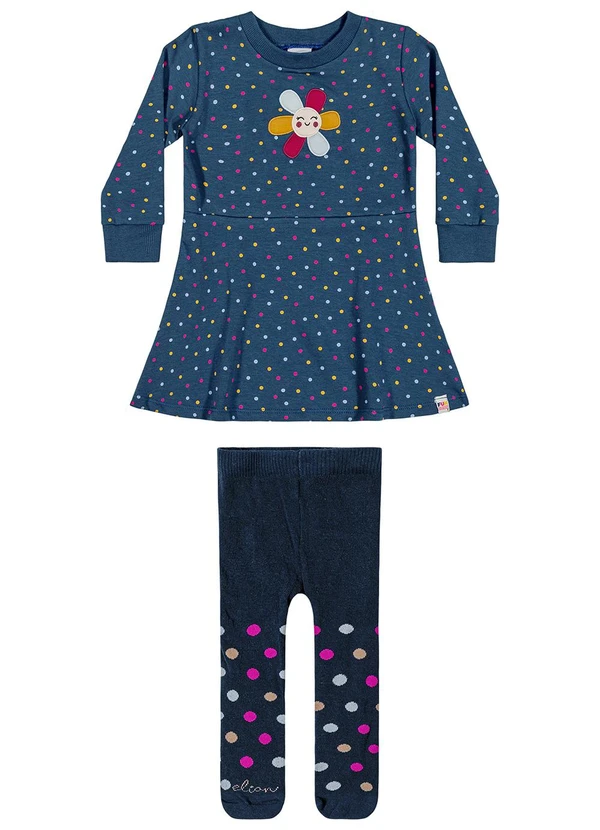 Elian - Vestido Bebê Menina Poá com Meia-Calça Azul 2