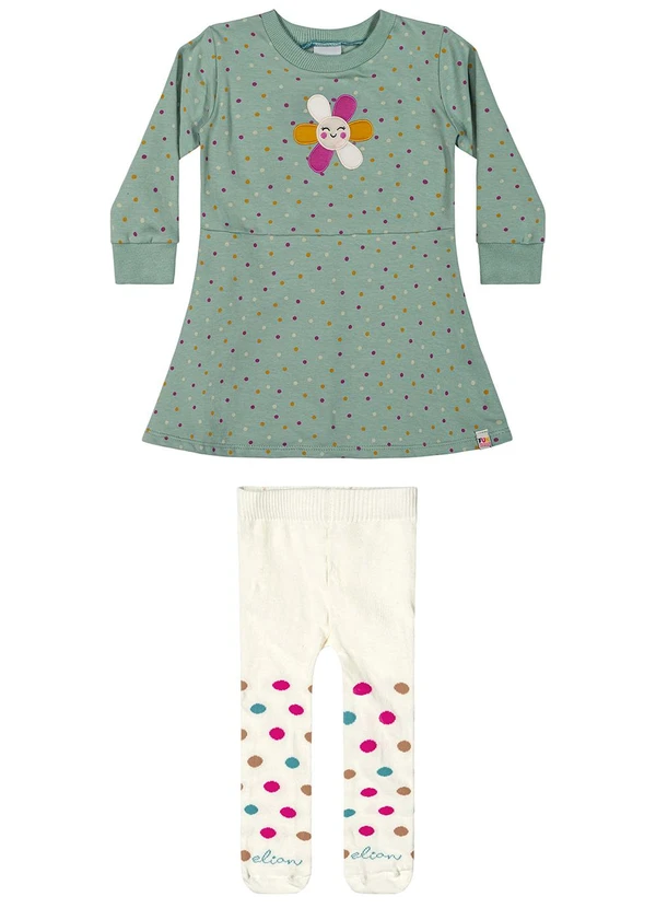 Elian - Vestido Bebê Menina Poá com Meia-Calça Verde 1