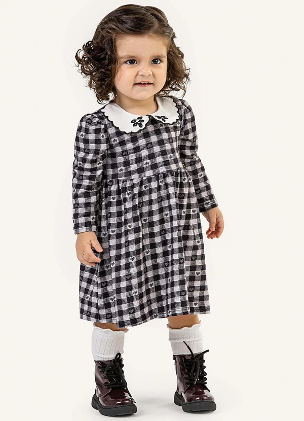 Colorittá - Vestido Bebê Menina Xadrez Gola Boneca Preto