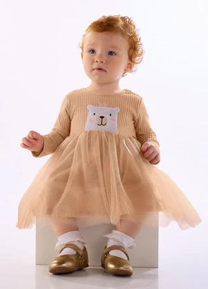 Quimby - Vestido Bebê Ribana Tule Forro Marrom - QUIMBY