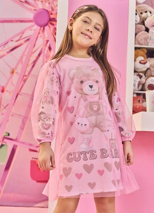Abrange - Vestido com Tule Infantil Menina Cute Bear Rosa - ABRANGE