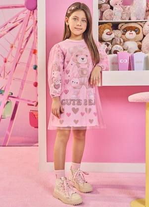 Abrange - Vestido com Tule Infantil Menina Cute Bear Rosa - ABRANGE