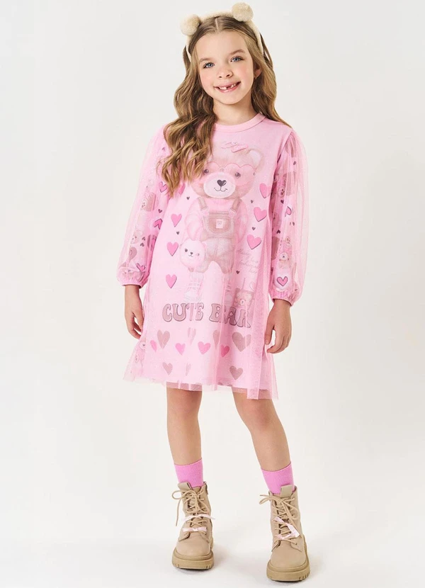 Abrange - Vestido com Tule Infantil Menina Cute Bear Rosa 3