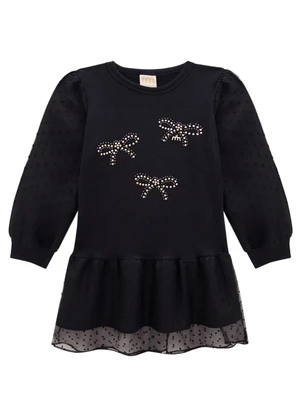 Milli e Nina - Vestido em Molecotton e Organza Pluments Preto - MILLI E NINA