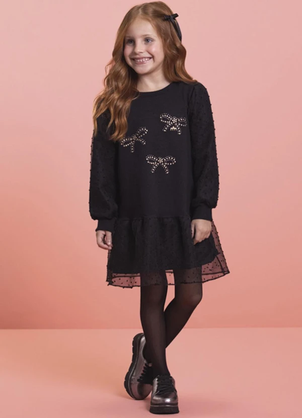 Milli e Nina - Vestido em Molecotton e Organza Pluments Preto