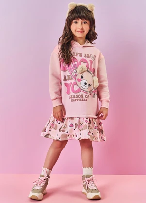 Abrange - Vestido Felpado Infantil Menina Ursa Cool Rosa - ABRANGE