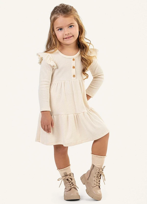 Colorittá - Vestido Infantil Canelado com Babados Bege 2