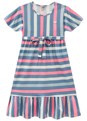 Marlan - Vestido Infantil em Cotton Listrado Linho Azul - MARLAN