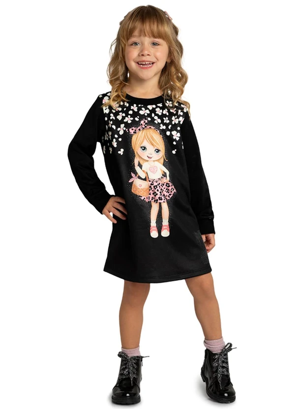 Marlan - Vestido Infantil em Malha Sport Felpada Preto