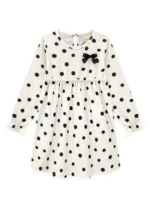 Milli e Nina - Vestido Infantil em Molecotton Felpado Poá Bege - MILLI E NINA