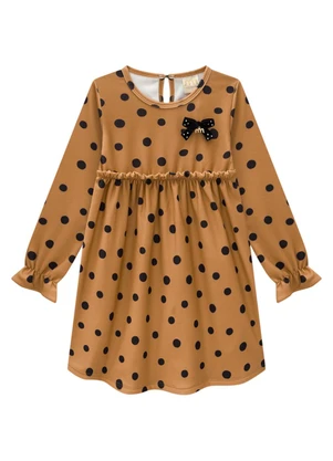 Milli e Nina - Vestido Infantil em Molecotton Poá Marrom - MILLI E NINA