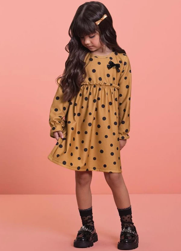 Milli e Nina - Vestido Infantil em Molecotton Poá Marrom