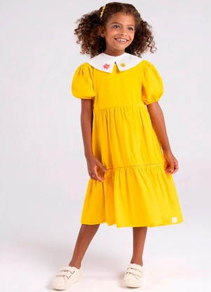Bugbee - Vestido Infantil em Tricoline Amarelo - BUGBEE