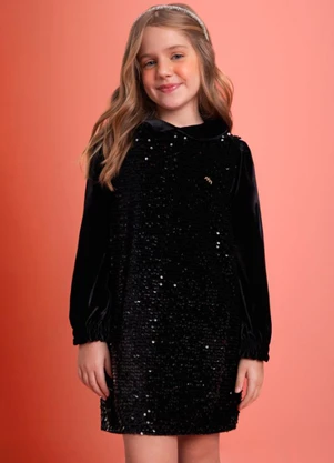 Milli e Nina - Vestido Infantil em Veludo Alemão e Paetê Preto - MILLI E NINA
