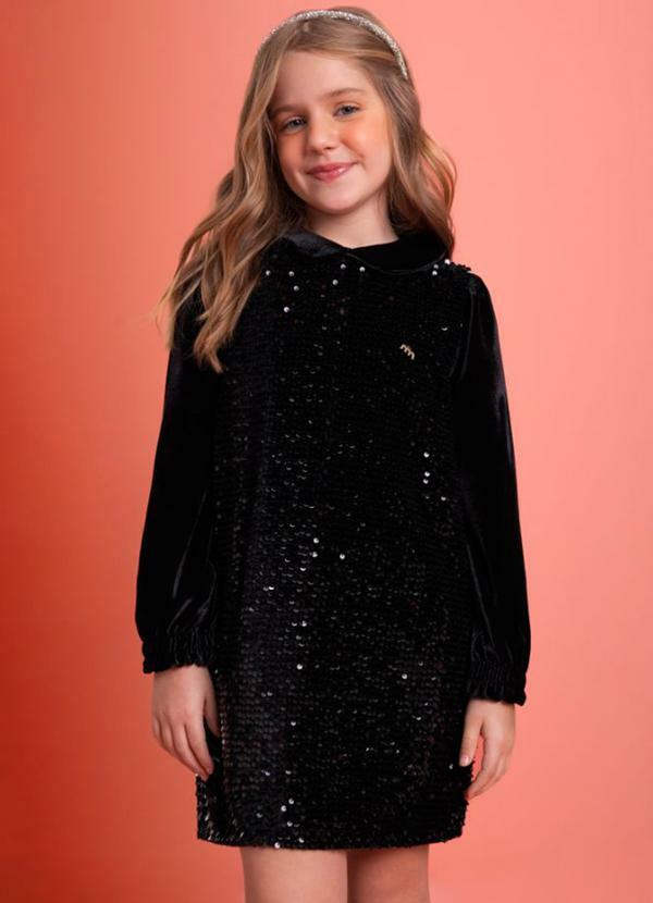 Milli e Nina - Vestido Infantil em Veludo Alemão e Paetê Preto