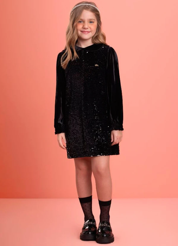 Milli e Nina - Vestido Infantil em Veludo Alemão e Paetê Preto 2