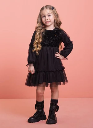 Milli e Nina - Vestido Infantil em Veludo e Tule Preto - MILLI E NINA