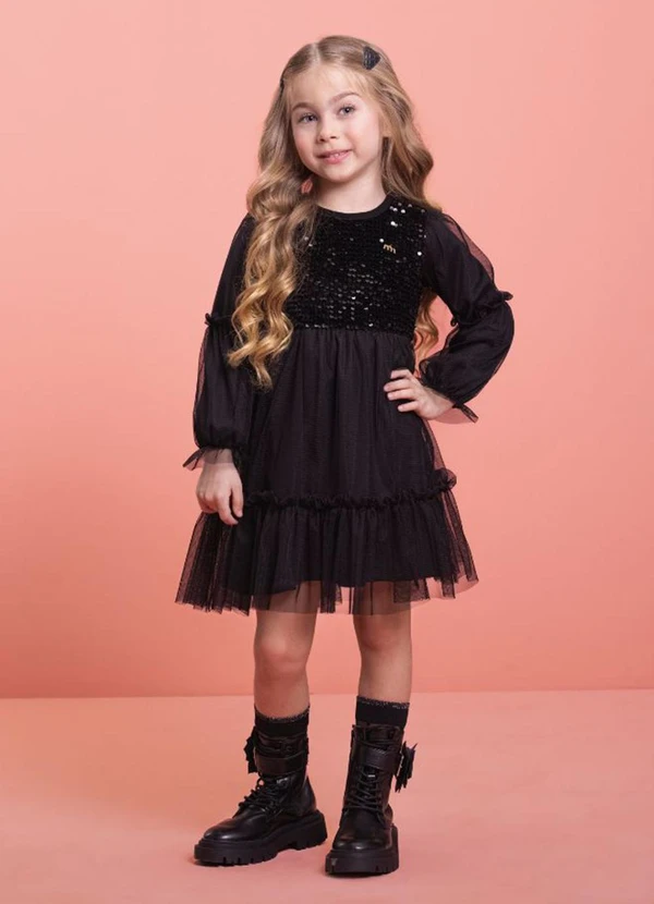 Milli e Nina - Vestido Infantil em Veludo e Tule Preto