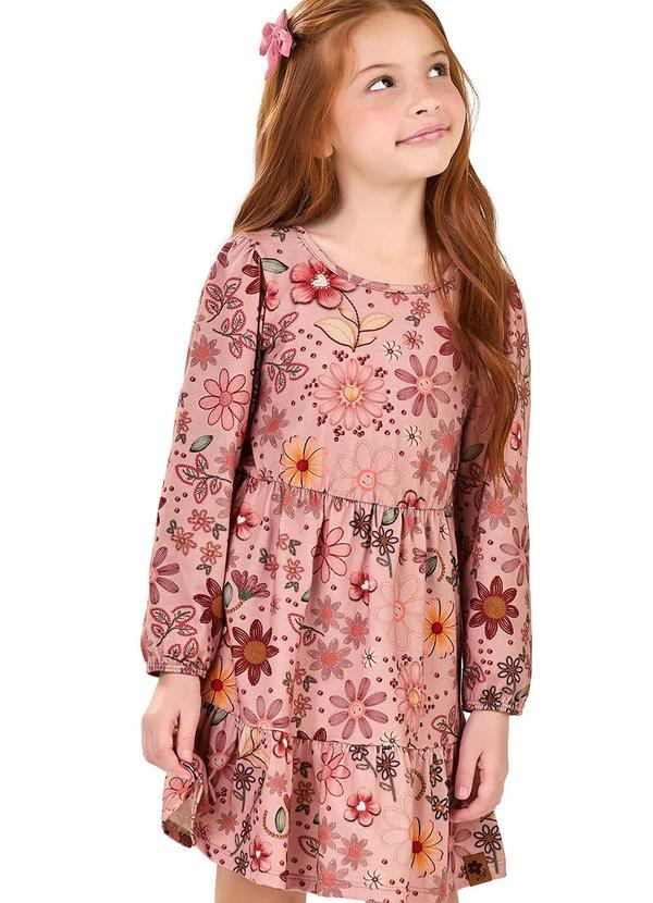 Elian - Vestido Infantil Manga Longa Babados Floral Rosa