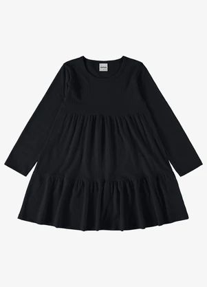 Rovi Kids - Vestido Infantil Manga Longa Canelado Preto - ROVI KIDS