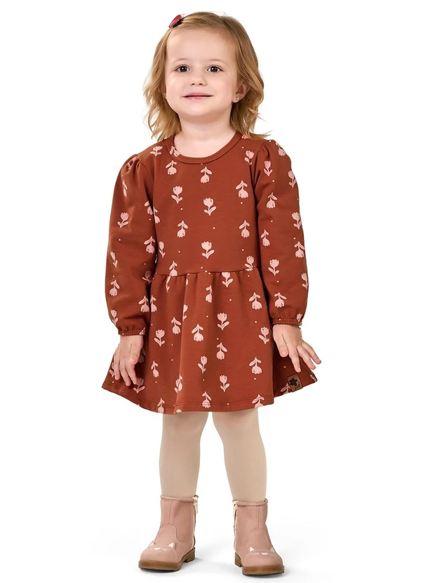 Elian - Vestido Infantil Manga Longa Floral Marrom 2