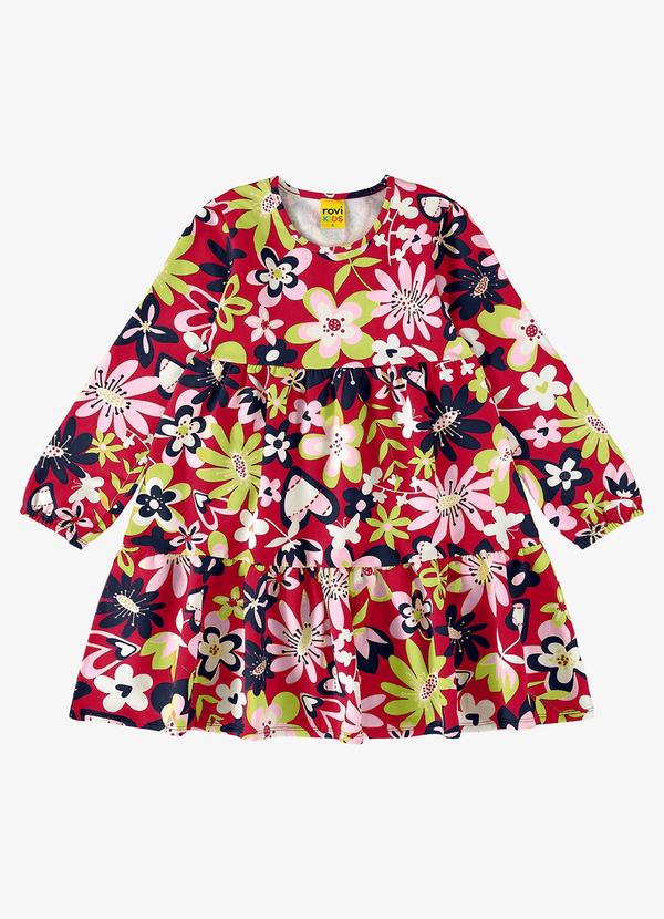 Rovi Kids - Vestido Infantil Manga Longa Florido Vermelho