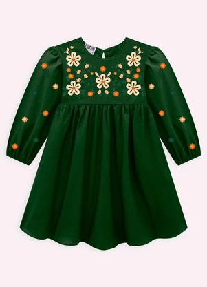 Nanai - Vestido Infantil Menina Bordado Verde - NANAI