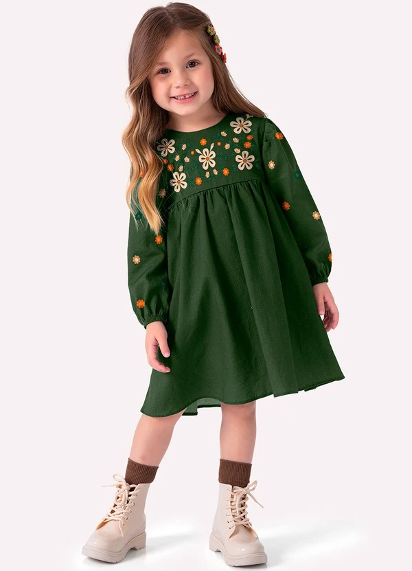 Nanai - Vestido Infantil Menina Bordado Verde