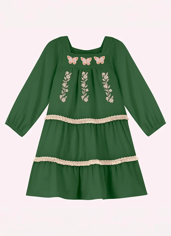 Nanai - Vestido Infantil Menina Bordado Verde