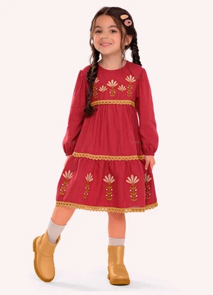 Nanai - Vestido Infantil Menina Bordado Vermelho - NANAI
