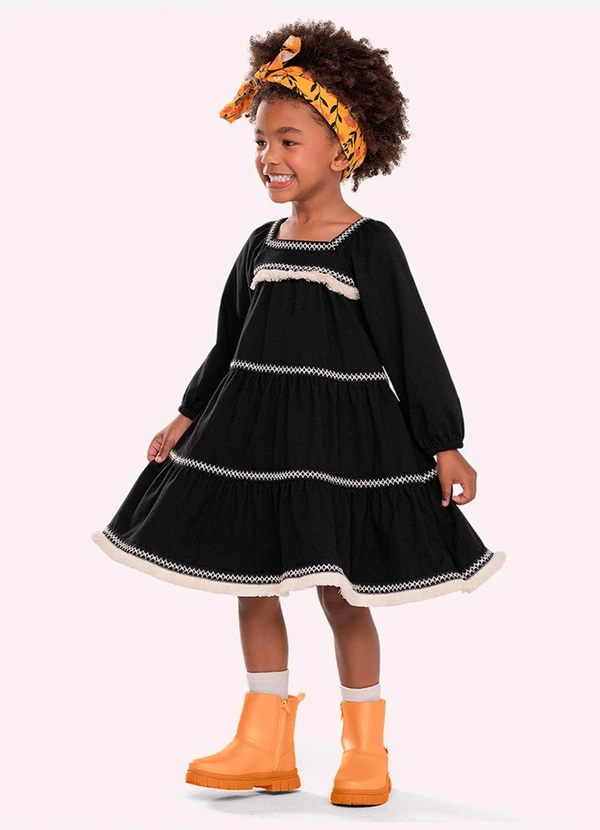 Nanai - Vestido Infantil Menina com Aviamentos Preto