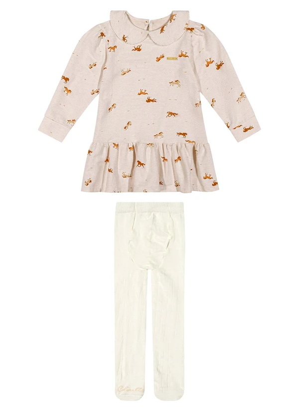 Colorittá - Vestido Infantil Menina com Meia-Calça Bege
