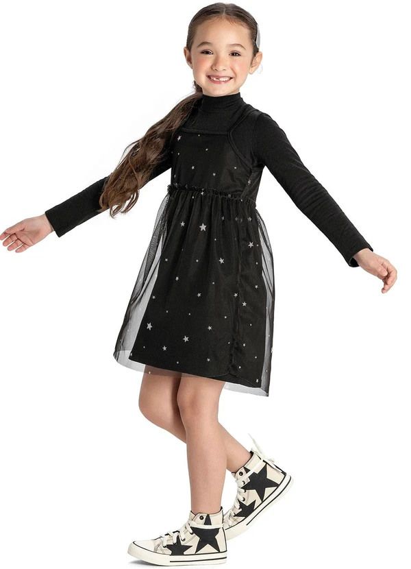 Elian - Vestido Infantil Menina Curto Tule Estrelas Preto 1